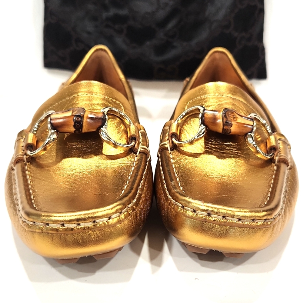 NEW!! Gucci Bamboo Horsebit Gold Leather Driving Shoes Loafers 155162 Size 5B - Picture 6 of 16